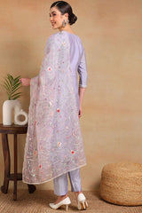 Purple Silk Blend Solid Embroidered Straight Regular Suit Set