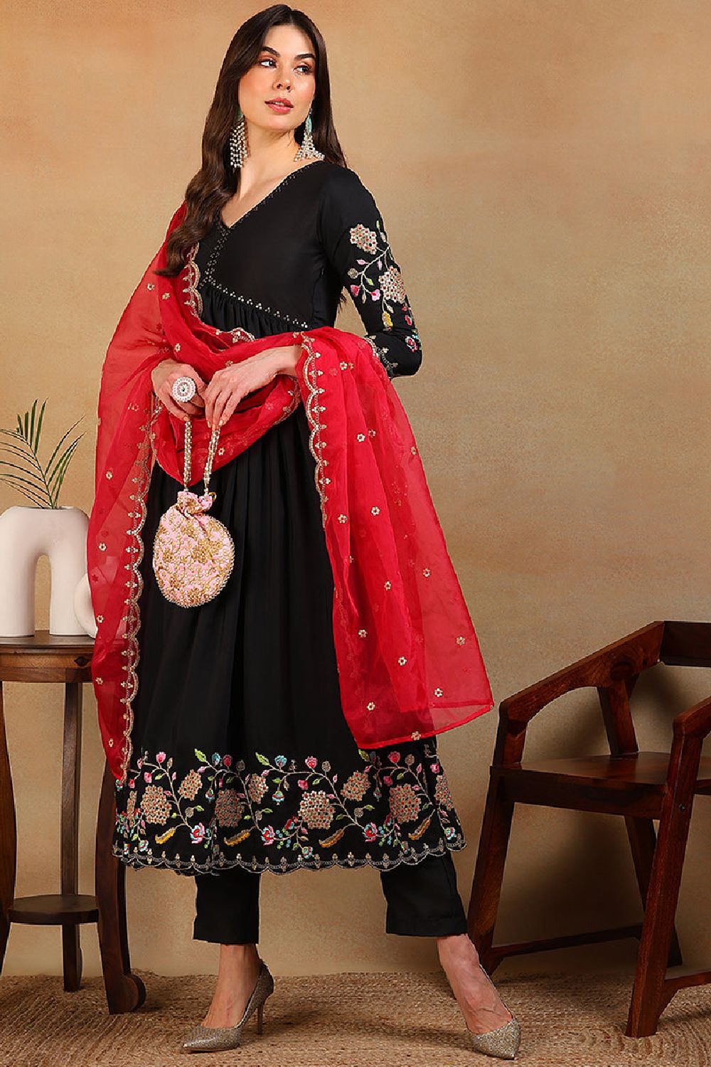 Black Silk Blend Solid Embroidered Flared Empire Suit Set