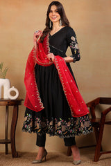 Black Silk Blend Solid Embroidered Flared Empire Suit Set