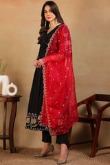 Black Silk Blend Solid Embroidered Flared Empire Suit Set