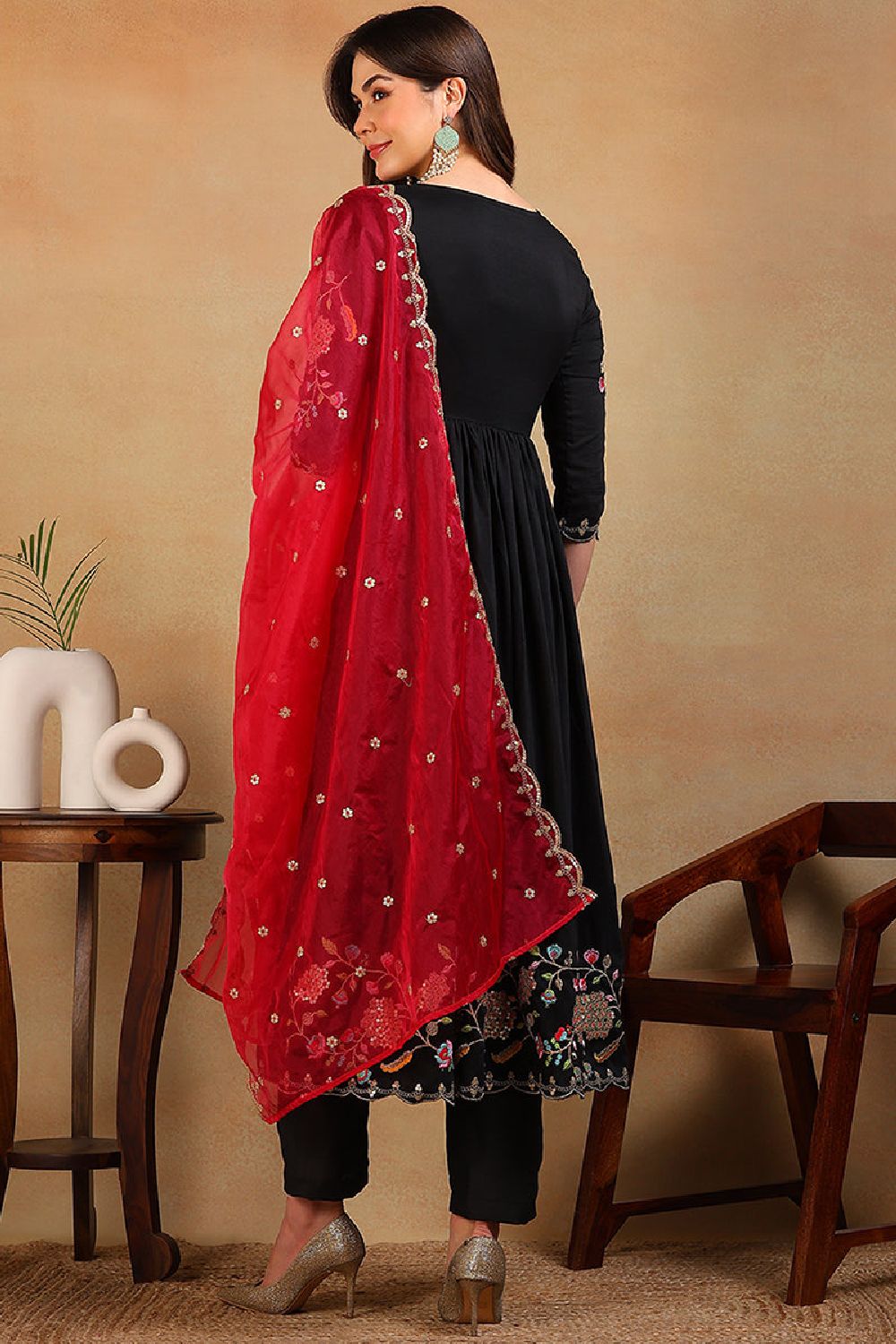 Black Silk Blend Solid Embroidered Flared Empire Suit Set