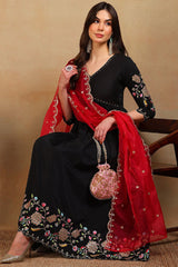 Black Silk Blend Solid Embroidered Flared Empire Suit Set