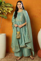 Sea Green Silk Blend Solid Embroidered Anarkali Suit Set