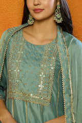 Sea Green Silk Blend Solid Embroidered Anarkali Suit Set