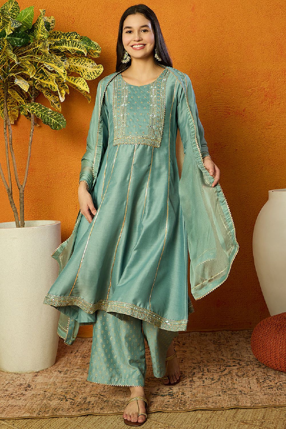 Sea Green Silk Blend Solid Embroidered Anarkali Suit Set