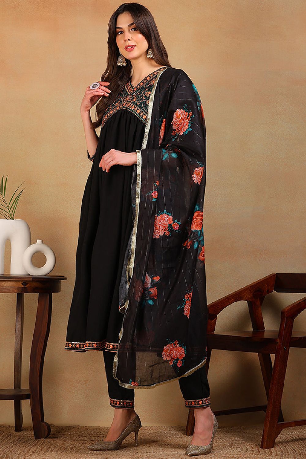 Black Silk Blend Solid Embroidered Flared Empire Suit Set