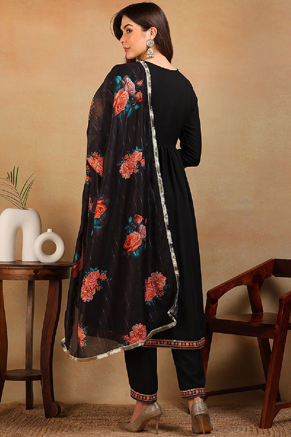 Black Silk Blend Solid Embroidered Flared Empire Suit Set