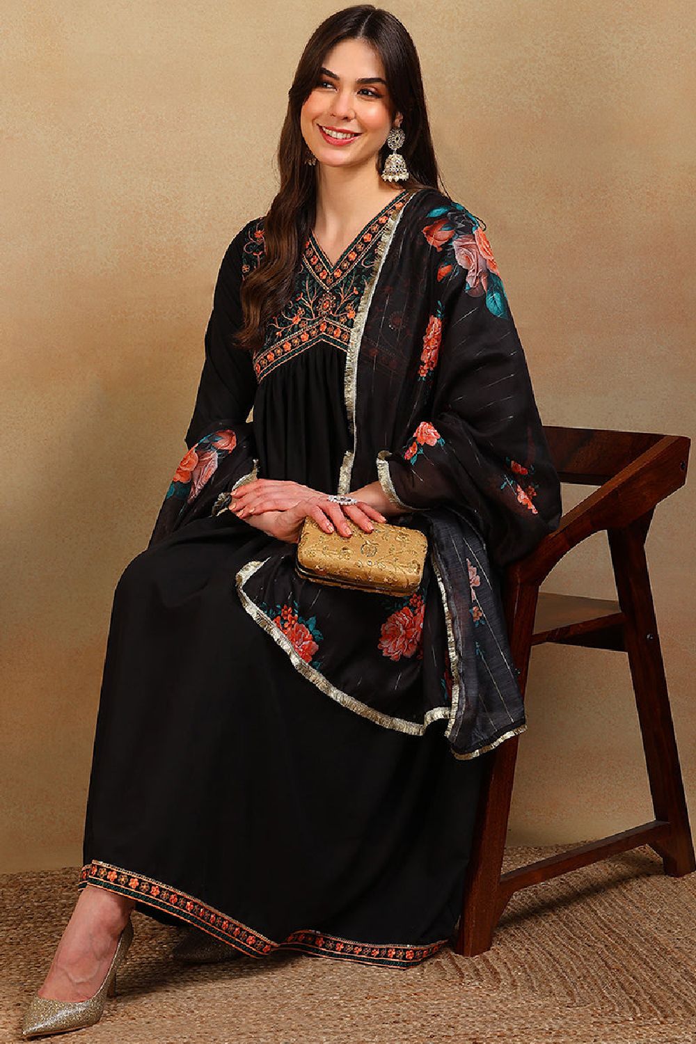 Black Silk Blend Solid Embroidered Flared Empire Suit Set