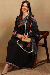 Black Silk Blend Solid Embroidered Flared Empire Suit Set