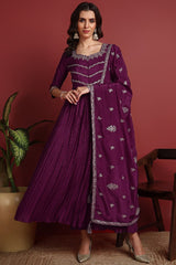 Purple Silk Blend Solid Embroidered Anarkali Suit Set