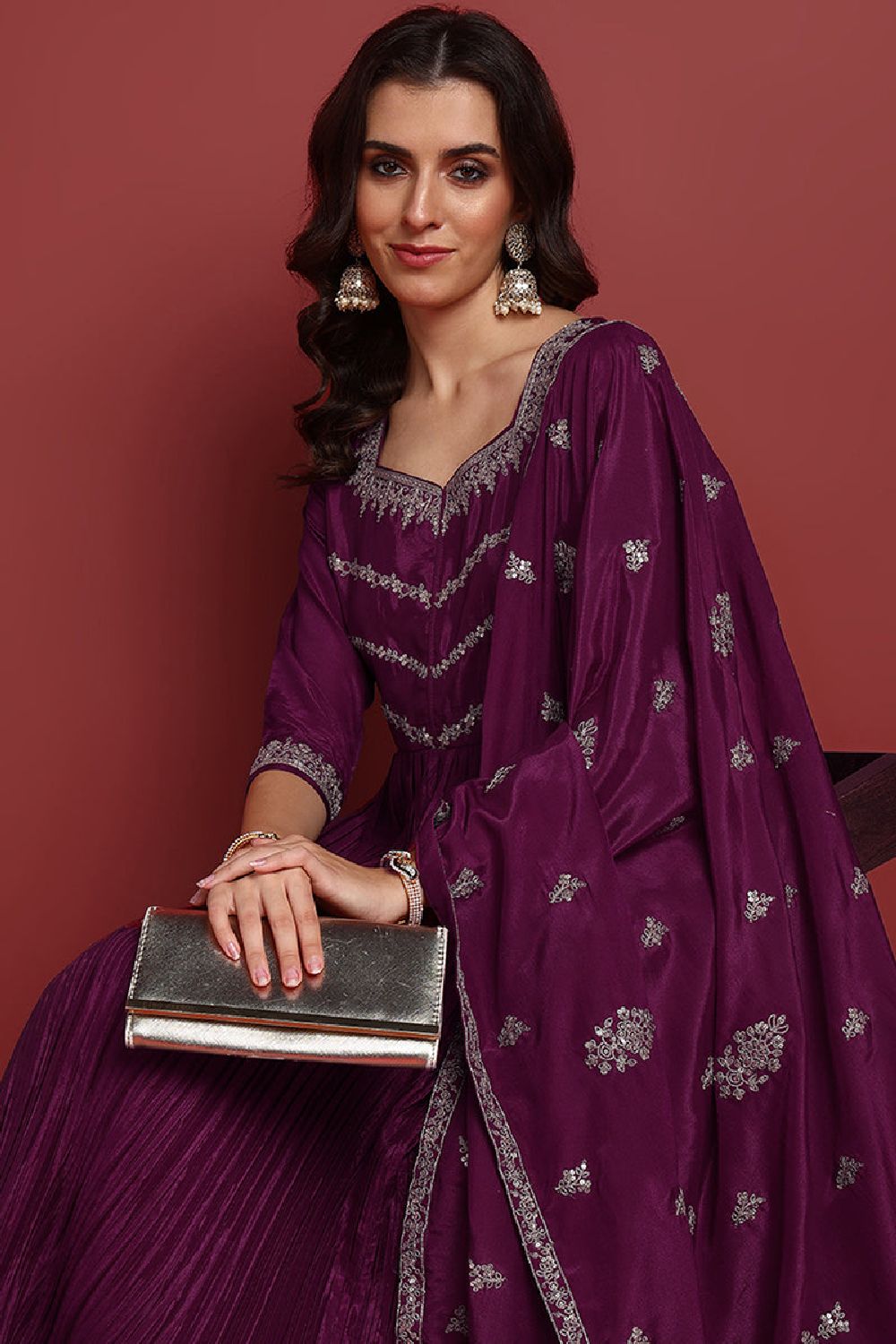 Purple Silk Blend Solid Embroidered Anarkali Suit Set