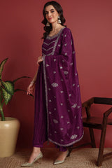 Purple Silk Blend Solid Embroidered Anarkali Suit Set