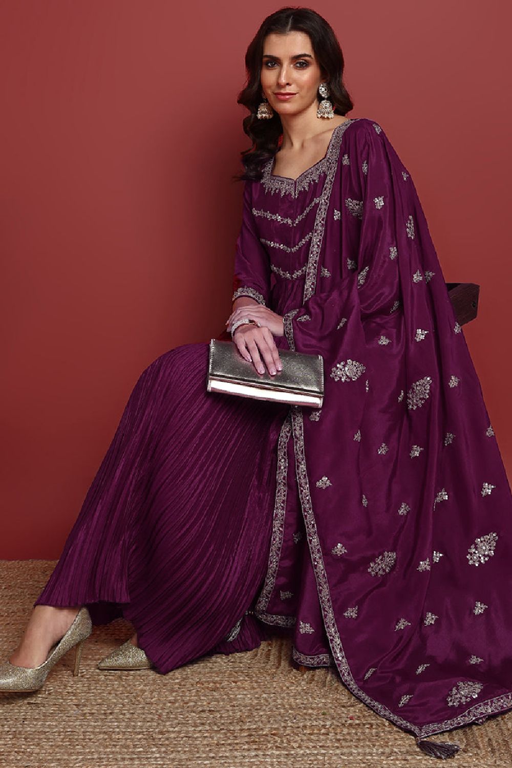 Purple Silk Blend Solid Embroidered Anarkali Suit Set