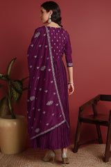 Purple Silk Blend Solid Embroidered Anarkali Suit Set