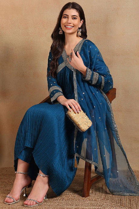 Blue Silk Blend Solid Embroidered Flared Style Suit Set