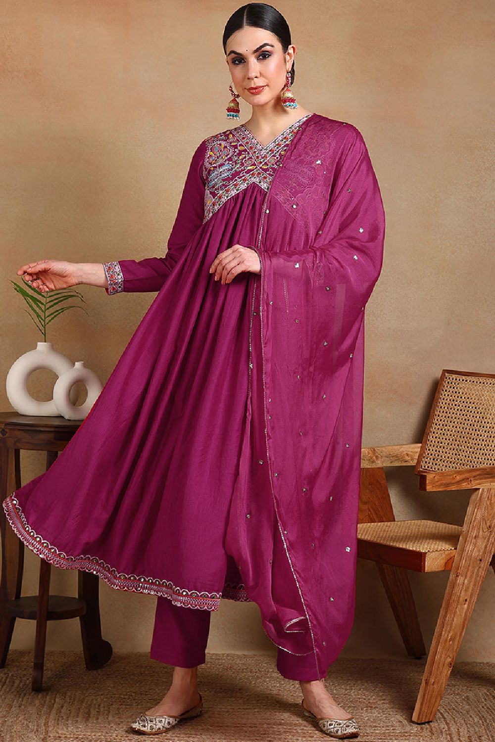 Pink Silk Blend Embroidered Anarkali Suit Set