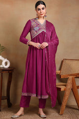 Pink Silk Blend Embroidered Anarkali Suit Set