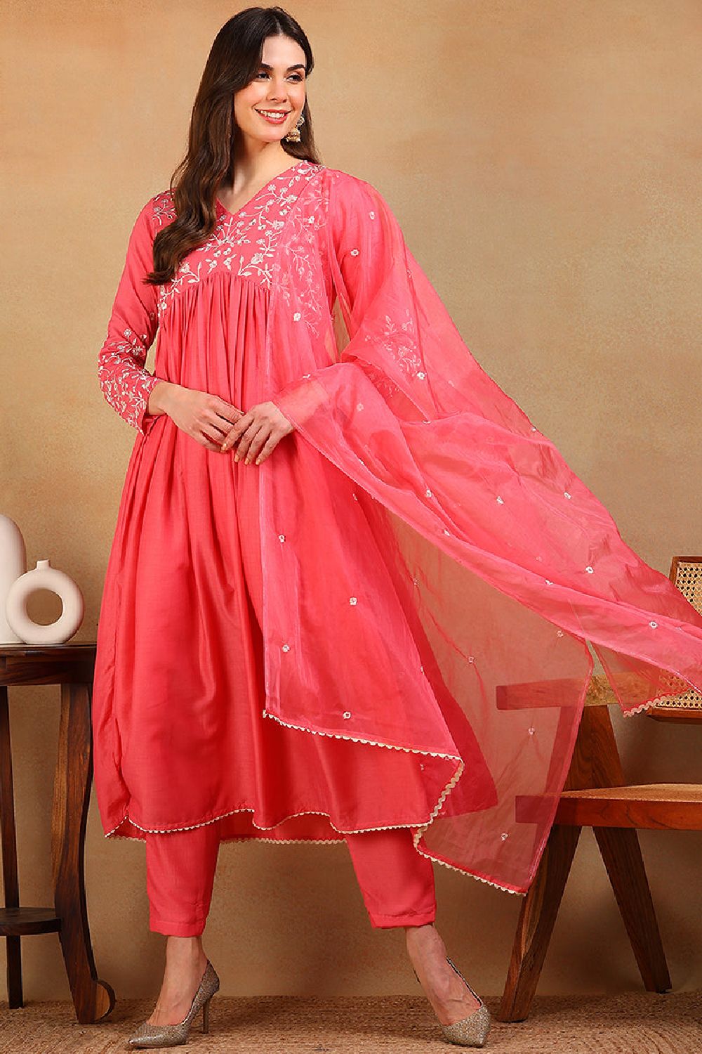 Pink Silk Blend Solid Embroidered Flared Empire Suit Set