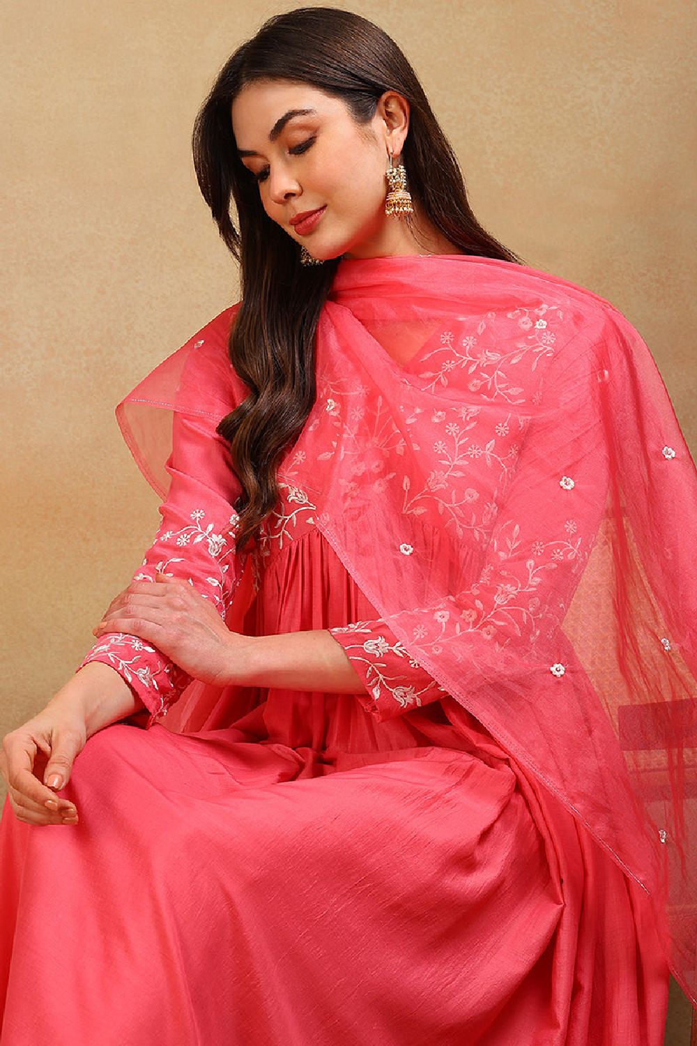 Pink Silk Blend Solid Embroidered Flared Empire Suit Set