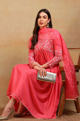 Pink Silk Blend Solid Embroidered Flared Empire Suit Set