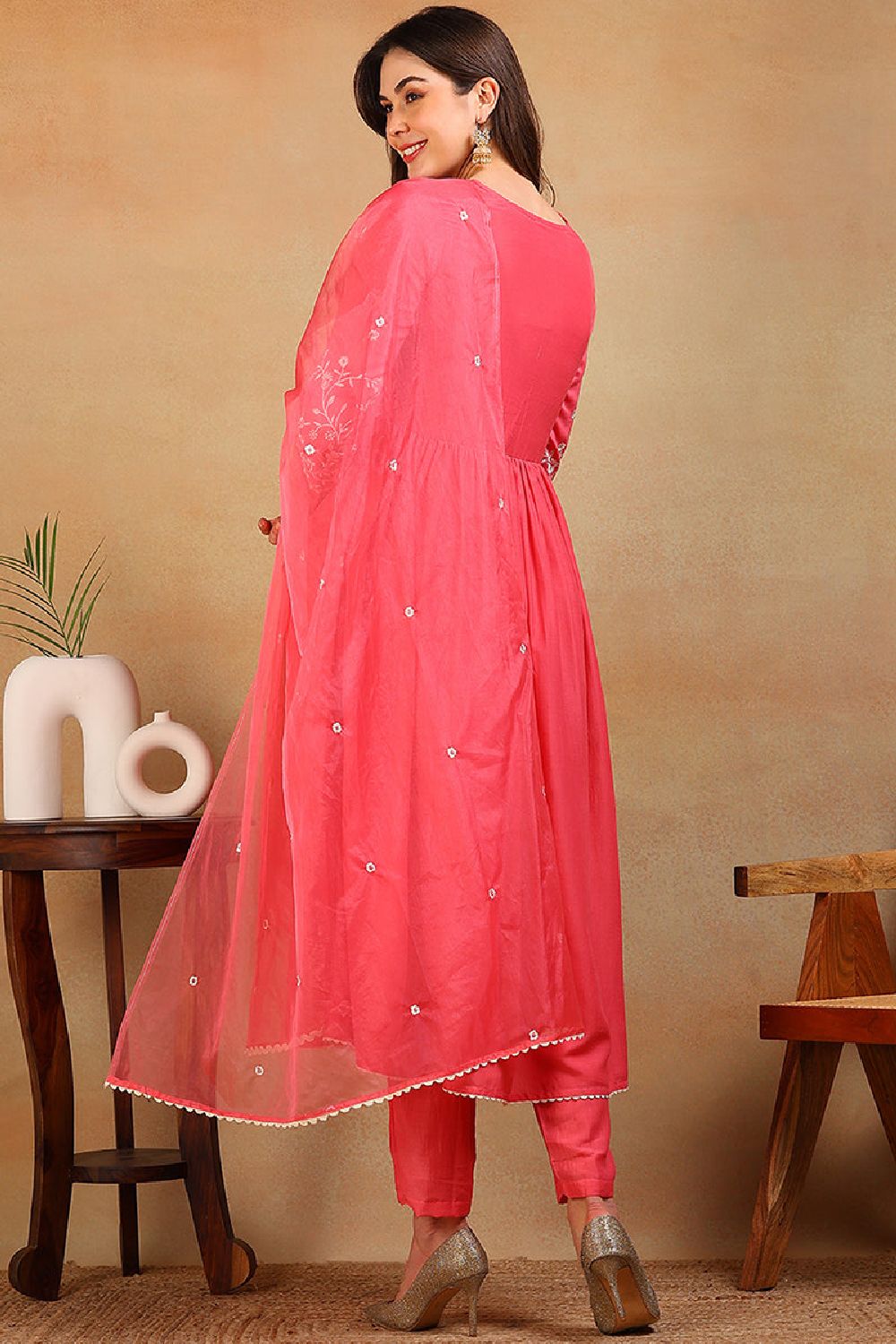 Pink Silk Blend Solid Embroidered Flared Empire Suit Set