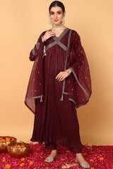 Maroon Silk Blend Solid Embroidered Flared Suit Set