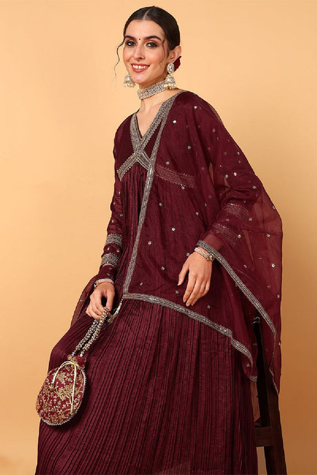 Maroon Silk Blend Solid Embroidered Flared Suit Set