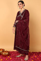 Maroon Silk Blend Solid Embroidered Flared Suit Set