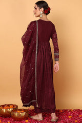 Maroon Silk Blend Solid Embroidered Flared Suit Set