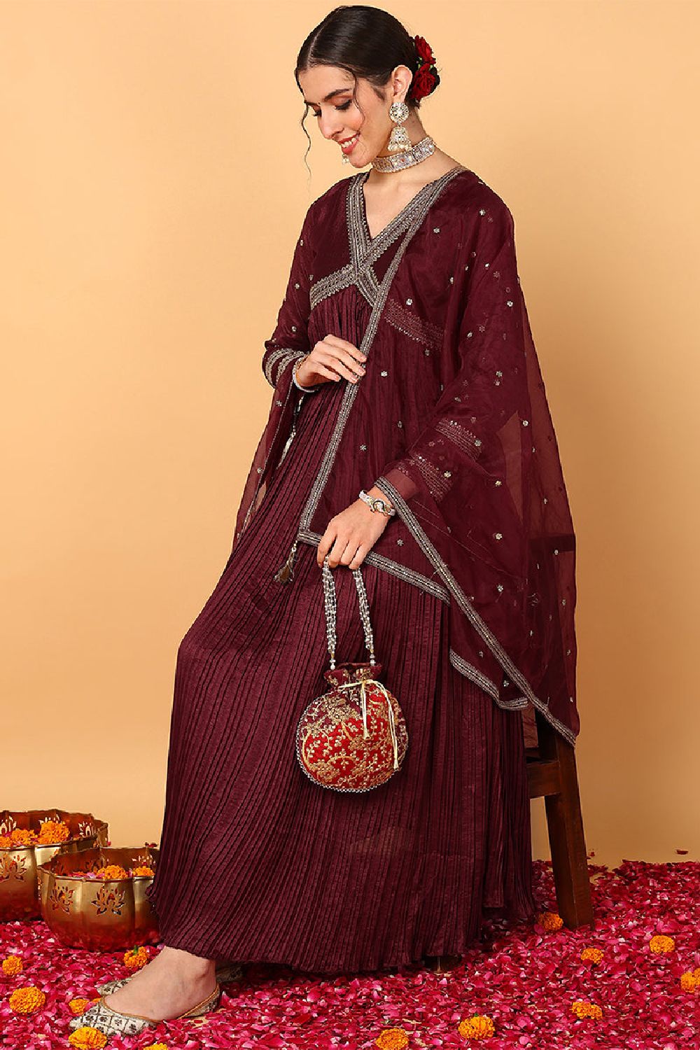 Maroon Silk Blend Solid Embroidered Flared Suit Set