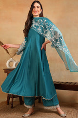 Blue Silk Blend Solid Embroidered Flared Suit Set