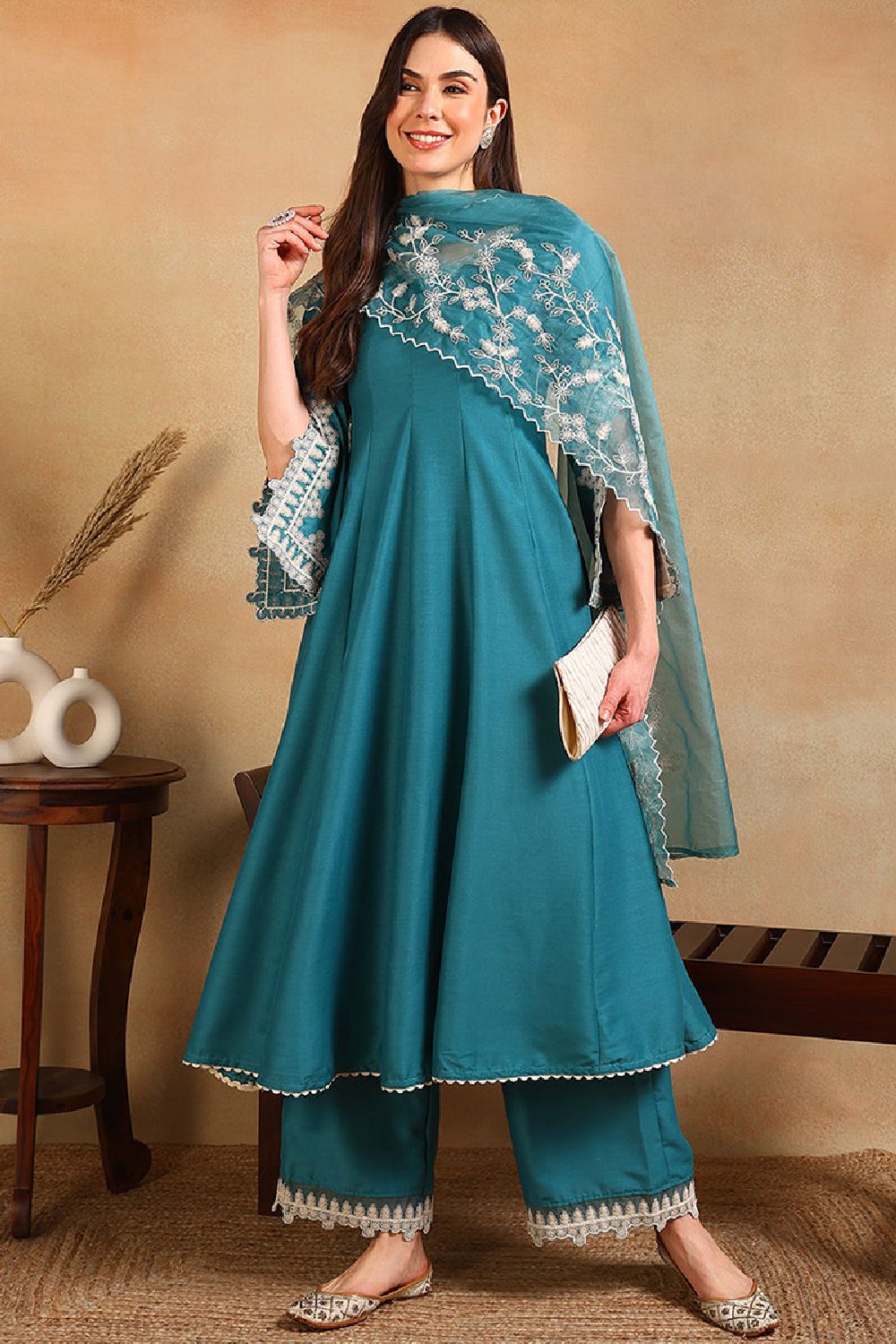 Blue Silk Blend Solid Embroidered Flared Suit Set