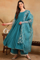 Blue Silk Blend Solid Embroidered Flared Suit Set