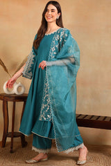 Blue Silk Blend Solid Embroidered Flared Suit Set