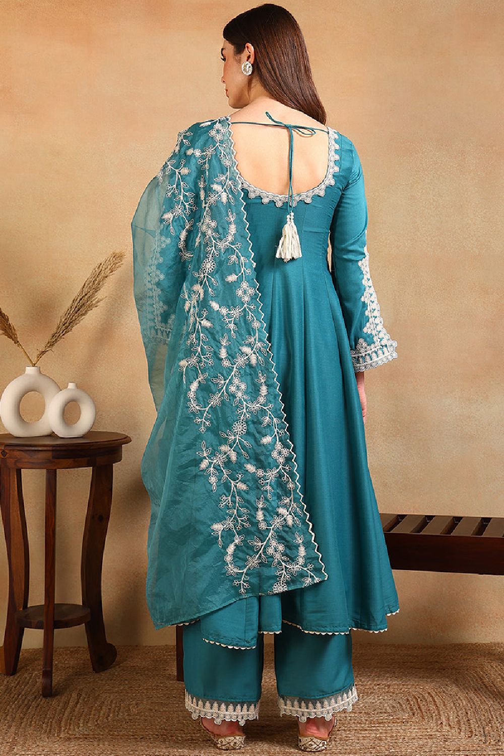 Blue Silk Blend Solid Embroidered Flared Suit Set