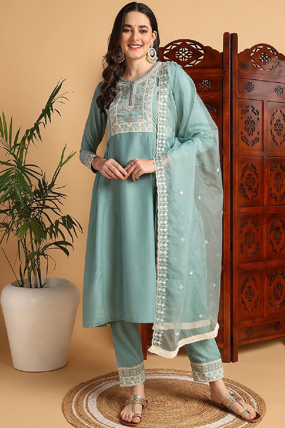 Sea Green Silk Blend Solid Embroidered Flared Style Suit Set