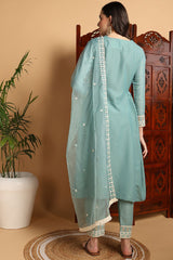 Sea Green Silk Blend Solid Embroidered Flared Style Suit Set