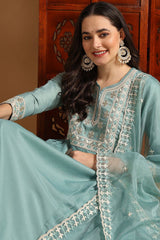 Sea Green Silk Blend Solid Embroidered Flared Style Suit Set