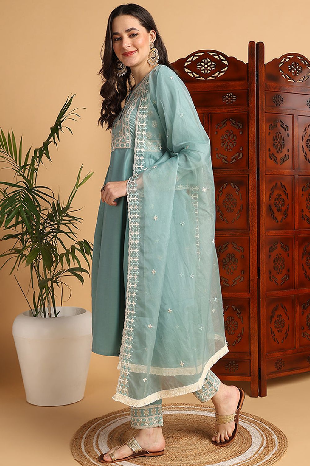 Sea Green Silk Blend Solid Embroidered Flared Style Suit Set