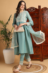 Sea Green Silk Blend Solid Embroidered Flared Style Suit Set