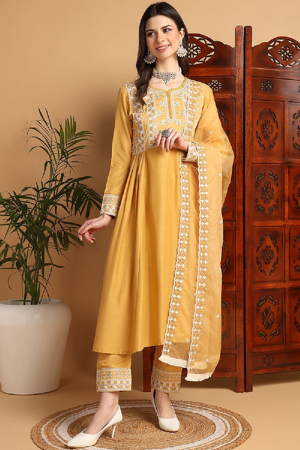 Yellow Silk Blend Solid Embroidered Flared Suit Set