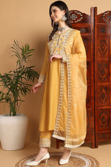 Yellow Silk Blend Solid Embroidered Flared Suit Set