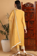 Yellow Silk Blend Solid Embroidered Flared Suit Set