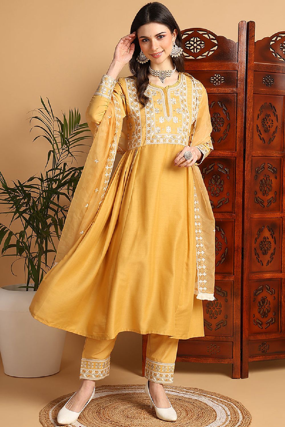 Yellow Silk Blend Solid Embroidered Flared Suit Set