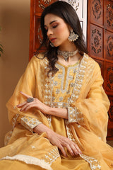 Yellow Silk Blend Solid Embroidered Flared Suit Set