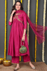 Pink Silk Blend Solid Embroidered Flared Suit Set