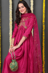 Pink Silk Blend Solid Embroidered Flared Suit Set