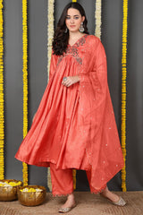 Orange Silk Blend Solid Embroidered Flared Suit Set