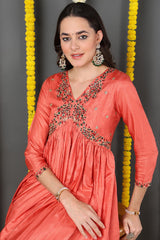 Orange Silk Blend Solid Embroidered Flared Suit Set