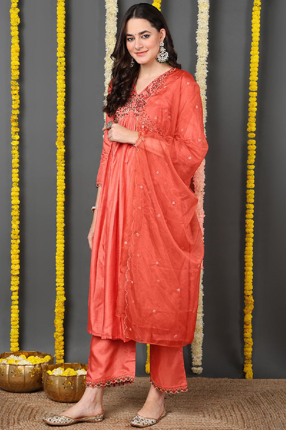 Orange Silk Blend Solid Embroidered Flared Suit Set